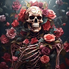 illustration of skull wirh pink roses . Generative AI