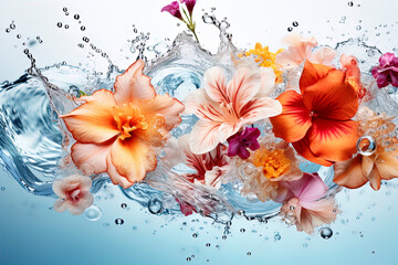Colorful lovely Flowers on Water Splash, fresh colorful Flower Background on Water splash, holiday card background, perfume advertising Background.