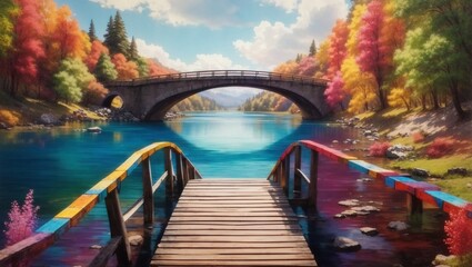 A bridge over the lake covered with beautiful ribbon