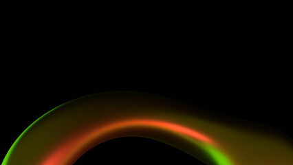 Iridescent curved shape isolated on black background. Geometric 3d render. Abstract ring with shiny orange green gradient texture. Dark futuristic illustration for poster, banner. Technology wallpaper