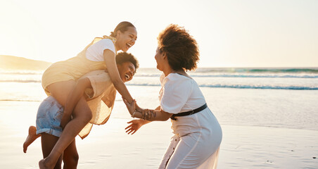 Beach sunset, happy women and friends piggyback, smile and enjoy travel vacation, adventure and...