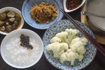 congee, Taiwanese style breakfast, vegetables pickled in soy sauce