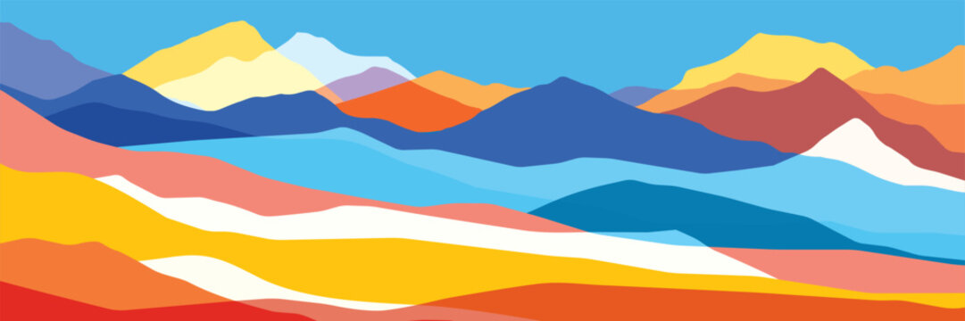 Multicolored mountains, orange and blue waves, abstract shapes, modern background, vector design Illustration for you project