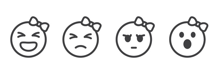 Female Face Reactions icon, Emoticons mood scale on white background. Angry, sad, serious reaction, afraid and amazed reaction emoticon set. funny cartoon emoji icon vector signs.