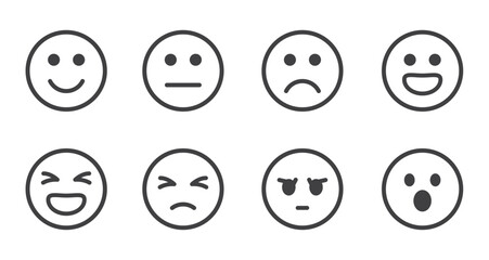 Emoticons mood scale on white background. Face smile icon positive, negative neutral opinion vector rate signs. Angry, sad, neutral emoticon set. funny cartoon Emoji icon.