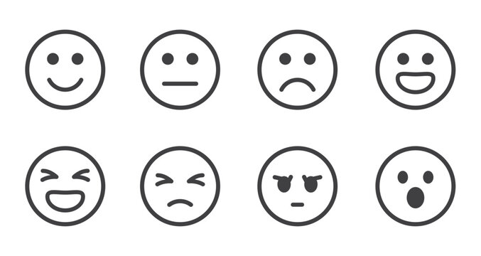 Naklejki Emoticons mood scale on white background. Face smile icon positive, negative neutral opinion vector rate signs. Angry, sad, neutral emoticon set. funny cartoon Emoji icon.
