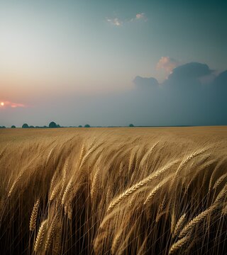 Wheat field landscape with wheat ears close up. Horizon at sunset. 