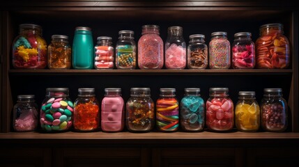 Fototapeta na wymiar Giant jar of colorful candy on a black background. Big glass jars of colorful candies and sweets on a dark background. Halloween candy. Transparent jar full of sweet multicolored candy. Trick or treat