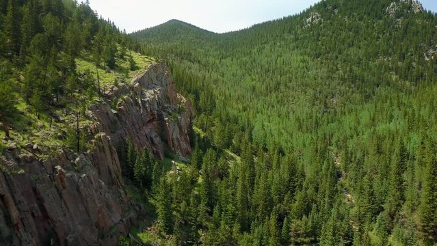 Aerial Ascending Forward Over Green Trees In Forest On Mountains Against Sky - Colorado Springs, Colorado
