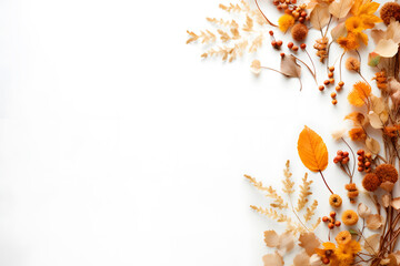 A flat lay of Thanksgiving decorations and autumn leaves