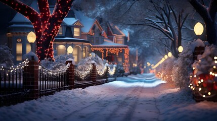 Christmas house night. Christmas Lights. Christmas and New Year holidays concept.