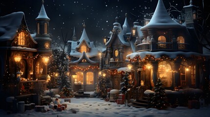 Obraz premium Christmas house night. Christmas Lights. Christmas and New Year holidays concept.