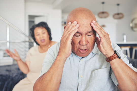 Headache, man or frustrated old couple fight with stress for marriage problem, breakup or bad communication. Anxiety, home or angry senior people in conflict or betrayal of cheating drama or divorce