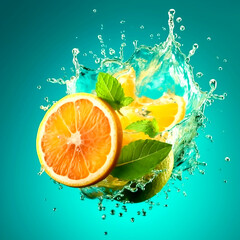 Abstract Splash of orange slices on the water in light green background