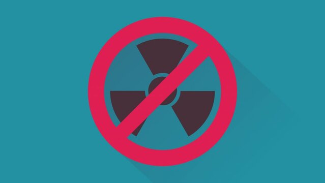 Animation of appearing and disappearing nuclear and radioactivity ban on blue background, green background, transparency and white background in flat design style