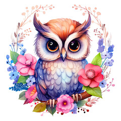 An owl surrounded by flowers. Watercolor illustration