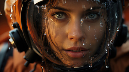 cinematic, macro photography, extreme close up female eye, astronaut helmet, ai generated.