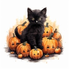 Black cat sitting on a white background surrounded by Halloween pumpkins with smiling scary faces. Illustration of a black cat sitting with orange Halloween pumpkins. Simple drawing. Clip art. Picture