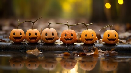 Cute little Halloween pumpkins with sharp teeth and big circle eyes in a funny image. Small Halloween pumpkins with happy faces outside on blurred background at day time. Jack-o-lantern pumpkins.