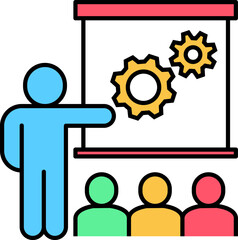 Business presentation connected gears to the audience icon. Business coaching training logo concept