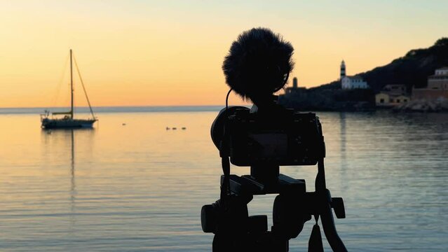 Shooting camera in front of the sea of Soller