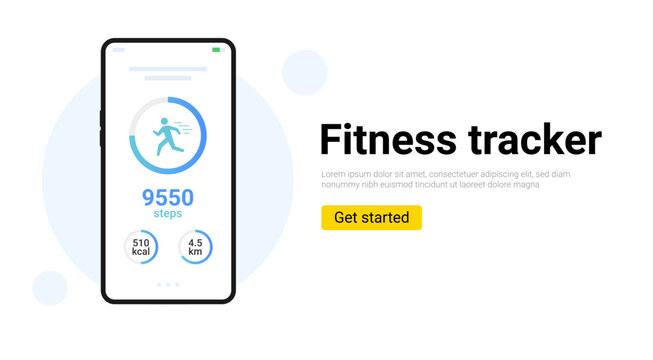Step counter fitness tracker app design. Walk flat health fit activity vector smart phone watch step counter.