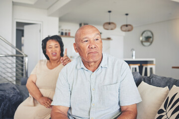 Thinking, man or frustrated old couple fight with stress for marriage problem, breakup or bad communication. Shouting, home or angry senior people in conflict or betrayal of cheating drama or divorce
