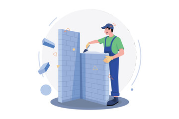 Construction workers building the wall