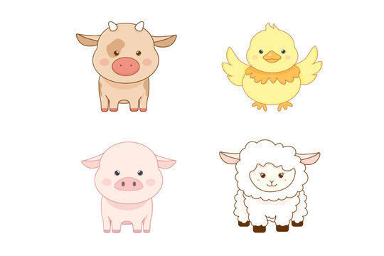 cute kawaii animals clip art chicken, cow, pig, sheep,