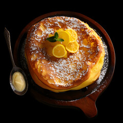 pancakes topped with white sugar and lemon on the side type b, generative ai