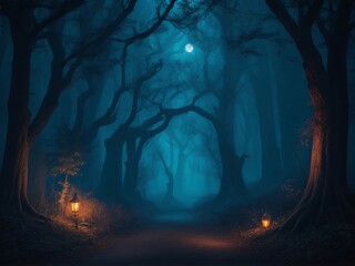 Scary haunted forest at night.