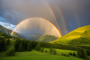 Naklejka premium rainbow in the mountains, dome shaped rainbow over the mountains