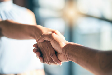 Handshake, introduction and hands of people meeting for partnership or agreement together as a team with trust. Greeting, accept and thank you or welcome gesture for deal, collaboration and support - obrazy, fototapety, plakaty