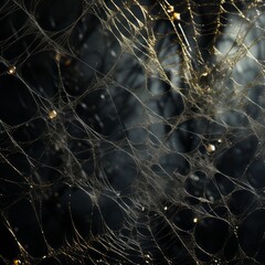 Background with a big spider web in the dark. Scary spider web in an eerie environment wallpaper. Closeup of a creepy spider web on a dark background. Halloween spider web illustration.