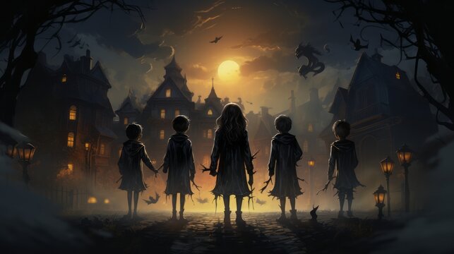 Group of little kids standing in front of a big city on the background of a bright full moon. Children approaching spooky dark city on Halloween night to do trick or treat. Small kids walking forward.