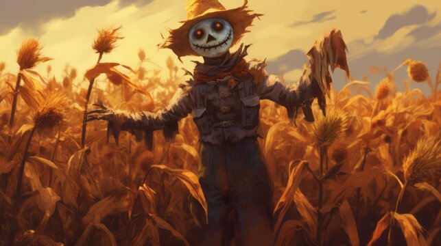 Scary scarecrow standing in the field with a cloudy sky. Halloween scarecrow. Eerie creepy scarecrow in a hat standing in dry field and smiling. Terrifying scarecrow illustration standing in the dark.