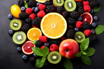 Mixed healthy fruit on black.