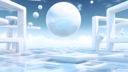 Futuristic interior with white walls and blue floor 3d rendering