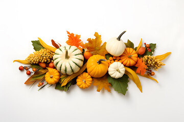 Top view of a Thanksgiving cornucopia with pumpkins