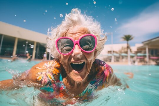 Happy senior woman having fun in swimming pool on summer vacation. Portrait of a happy elderly woman relaxing in swimming pool.
