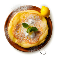 pancakes topped with white sugar and lemon on the side type e, generative ai