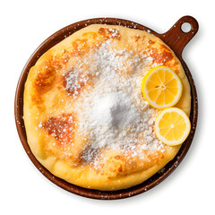 pancakes topped with white sugar and lemon on the side type h, generative ai