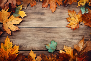 Naklejka na ściany i meble Wooden background, wood texture and autumn leaves, background, frame. Generative AI