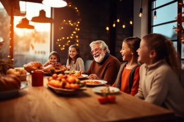 Diverse family at Thanksgiving dinner at home. Grandfather with diverse grandkids celebrating - obrazy, fototapety, plakaty