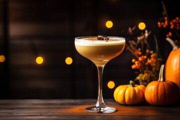Thanksgiving cocktail. Pumpkin orange martini with cinnamon on black background. Autumn drinks. - obrazy, fototapety, plakaty