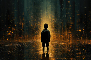 Fototapeta premium Young Boy's Silhouette Through Digital Pixel Rain