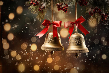 Christmas Bells with Red Ribbon - obrazy, fototapety, plakaty