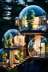 Group of glass houses with trees in the middle of them.