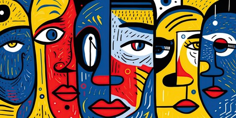 Modern illustration in linocut style. Surreal colored faces with patches of yellow, red, white, blue and black. Stylish image for design.