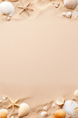 Aerial Perspective of Sand Adorned with Delicate Seashells: A Beach-themed Banner Evoking Coastal Tranquility"